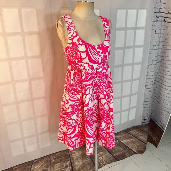 Anthropologie Vanessa Virginia Hot Pink White Jacquard Fit & Flare Dress Size 4 - Picture 2 of 10